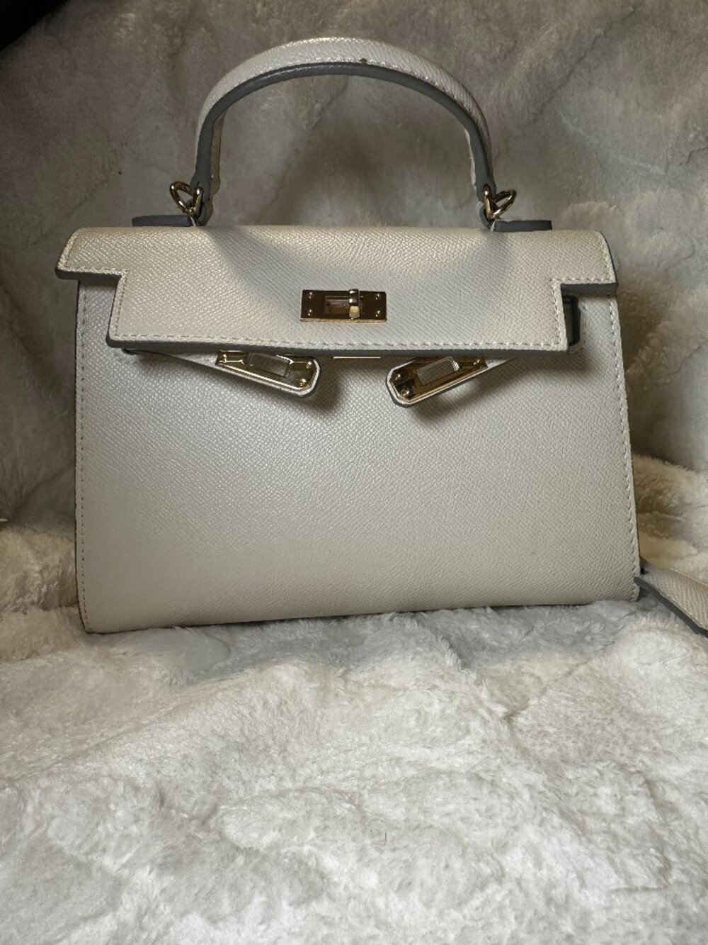 top handle faux leather bag in ecru with gold hardware